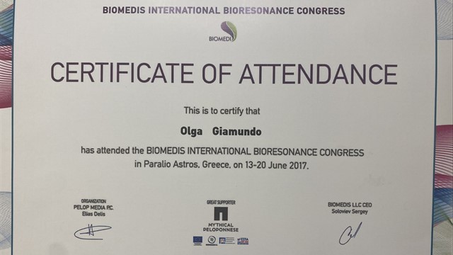 Olga Giamundo: Certificate of Attendance, Biomedis International Bioresonance Congress, 2017