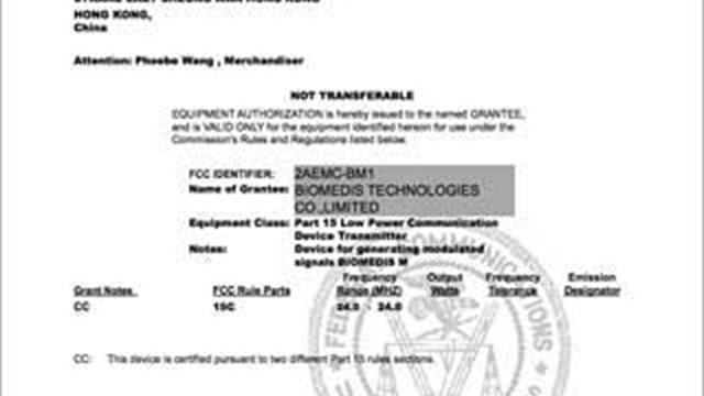 FCC grant of equipment authorization