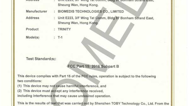 FCC verification of conformity: Biomedis Trinity